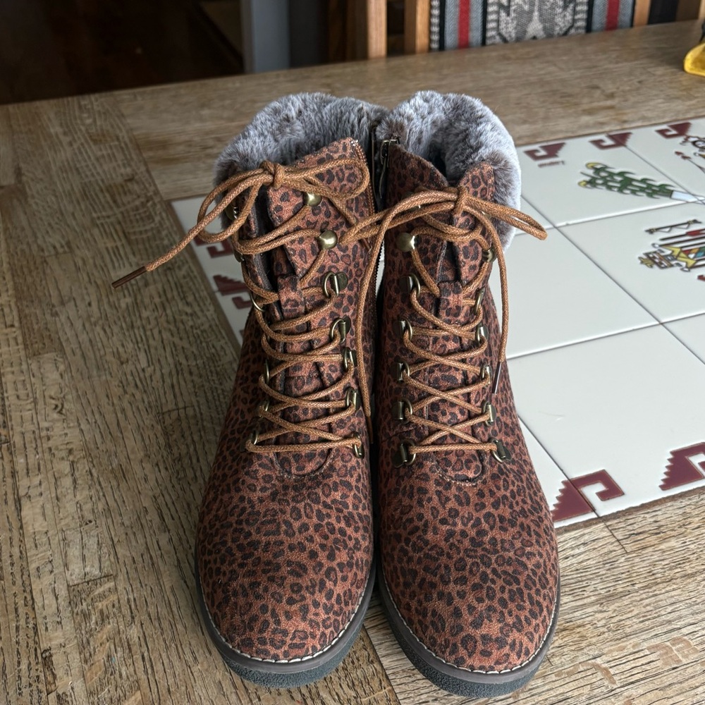 Corkys Fox Bay leopard print faux fur trim wedge bootie